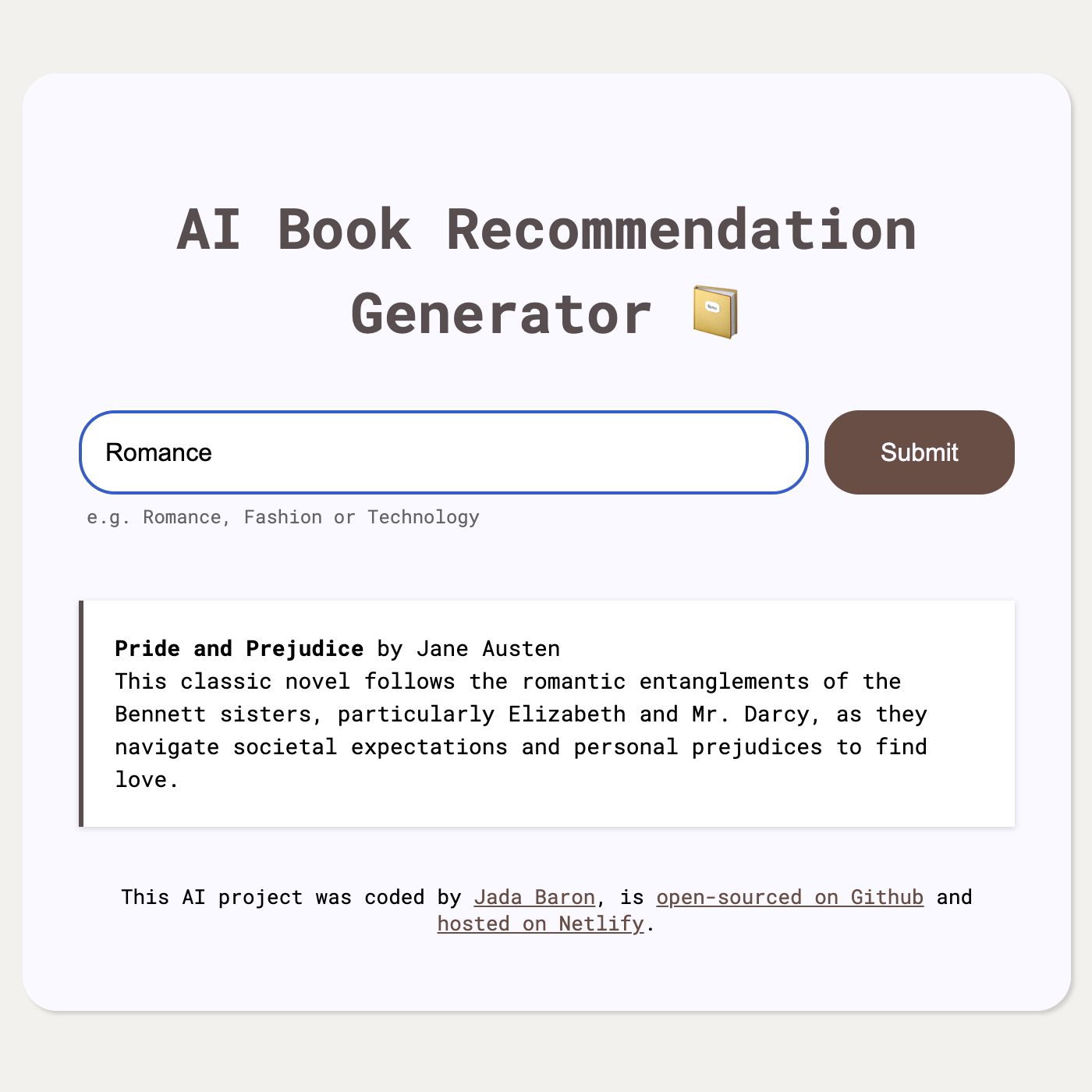 A screenshot of my AI Book Recommendation Generator project.