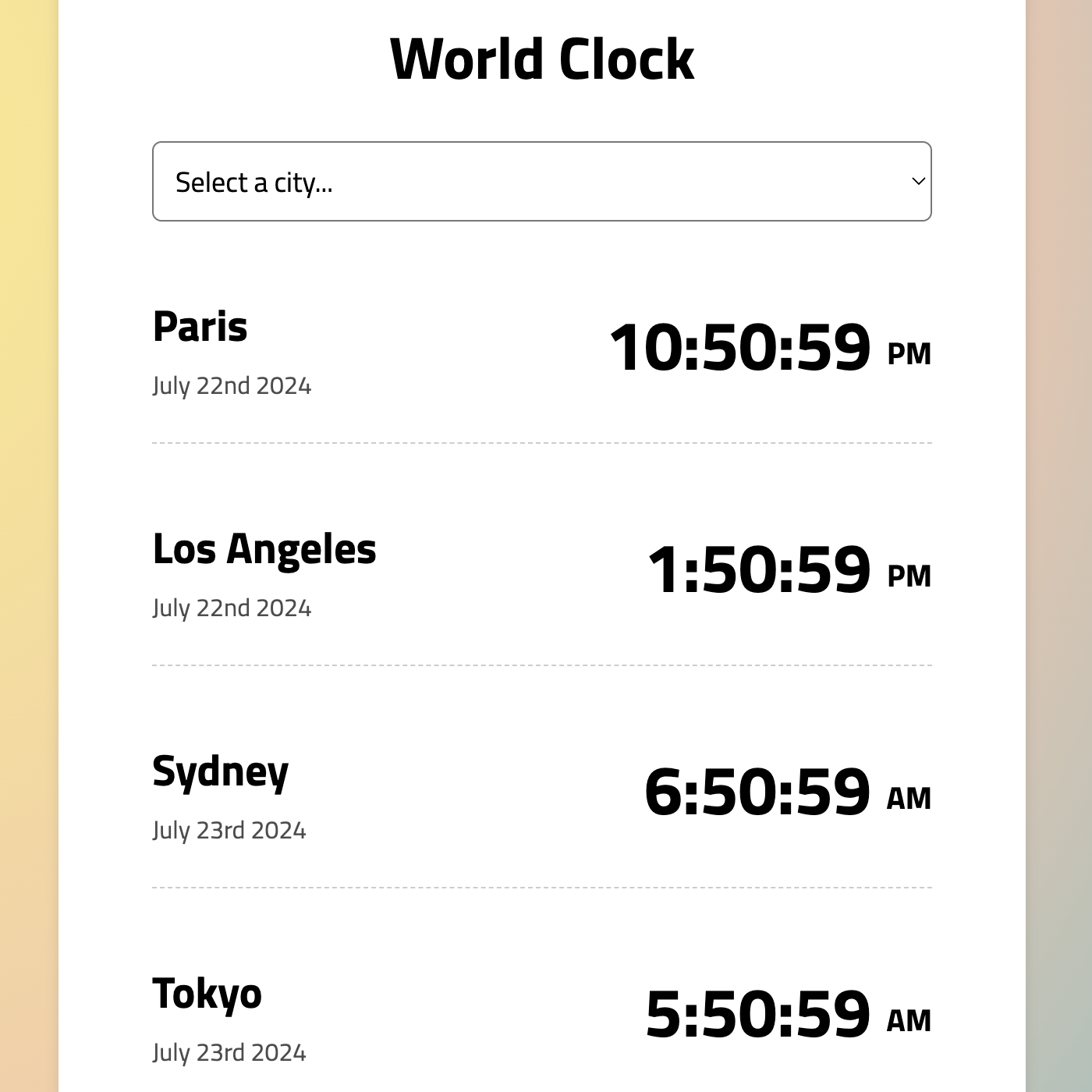 A screenshot of my world clock app showcasing the current time in Paris, LA, Sydney and Tokyo.